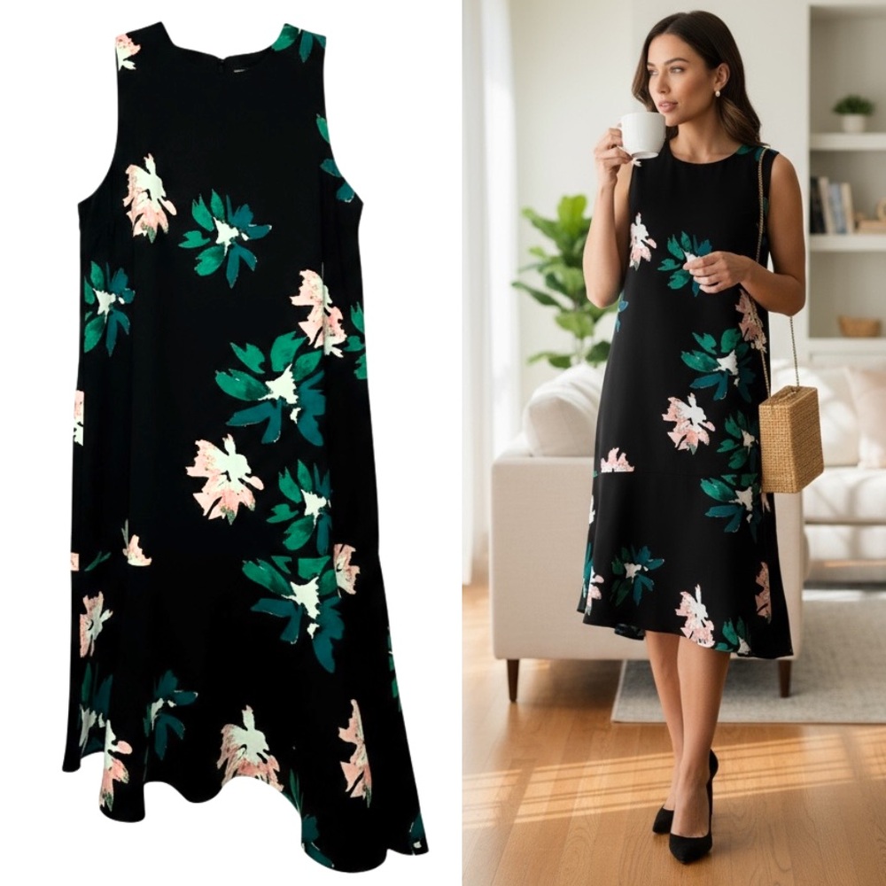 Who What Wear Black Floral Asymmetrical Hem Dress Sleeveless Small NWT Spring